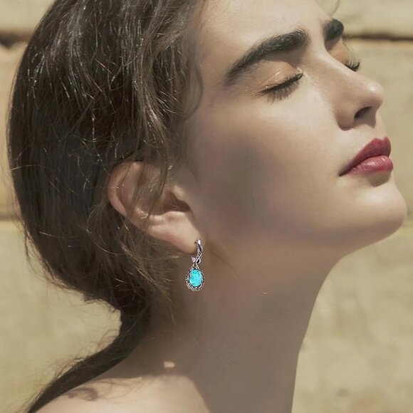 Sterling Silver Dangle Earrings Turquoise Leaf Flower Vintage Jewelry - Picture 7 of 7